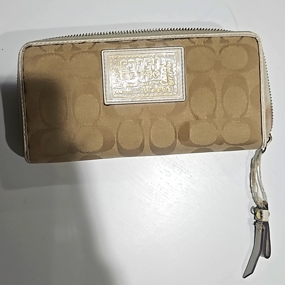 SALE Coach wallet, signature canvas, tan with leather, white brand patch